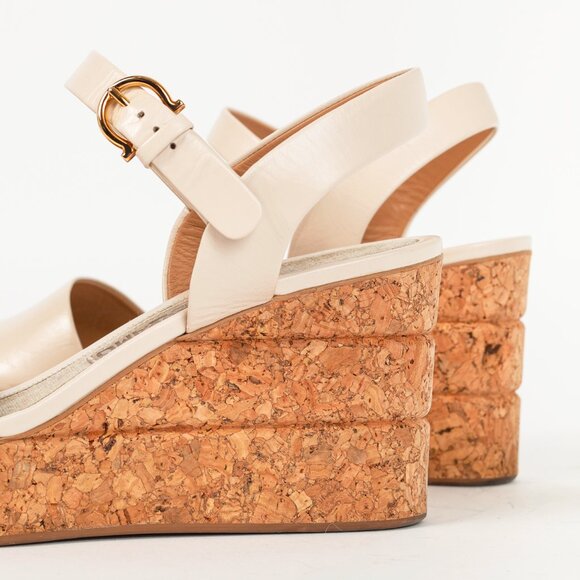 Salvatore Ferragamo Madea Cream Leather & Cork Wedge Sandals - Picture 7 of 10